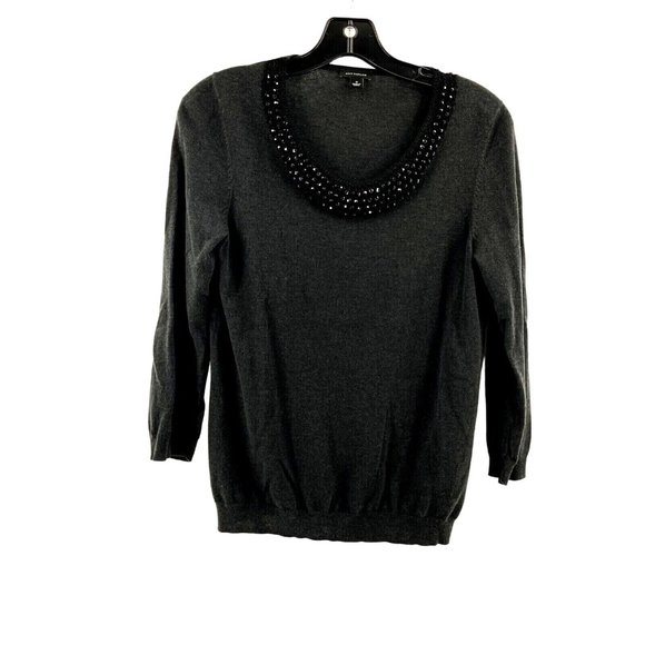Ann Taylor Women's Black Knit Long Sleeve Sweater Beaded Neck Size Small - Picture 1 of 10